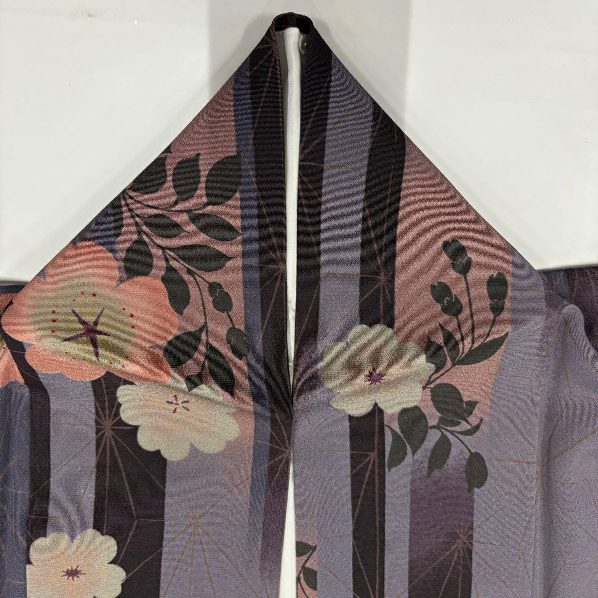 【美品】 小紋 身長163cm 袖長65.5cm M 雙層 樱花 麻葉 漸層 灰紫 純蠶絲 優品級