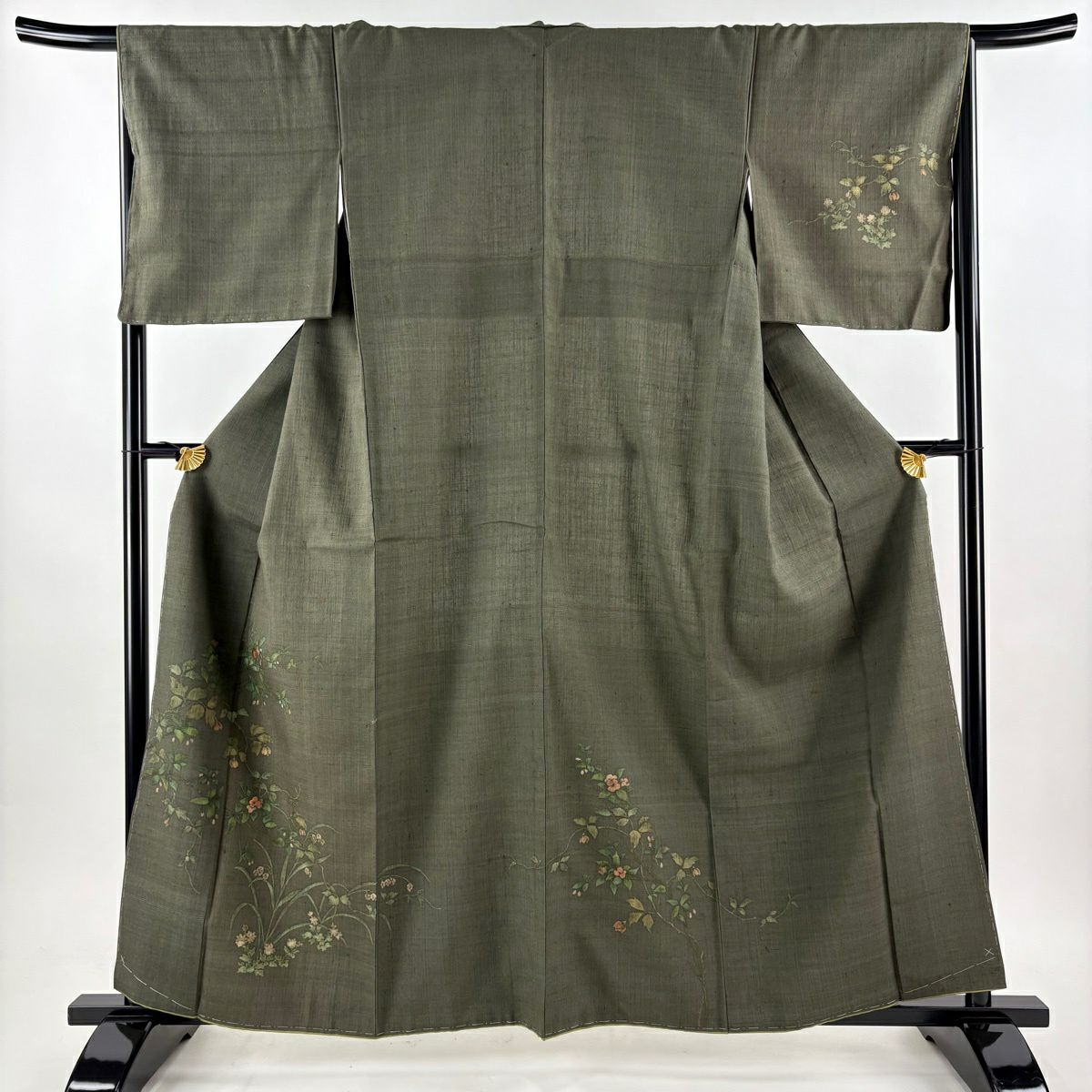 付下 身長160cm 袖長66.5cm M 雙層 紬織織 枝花 草花紋紋 刺繡 茶綠 純蠶絲 秀品級
