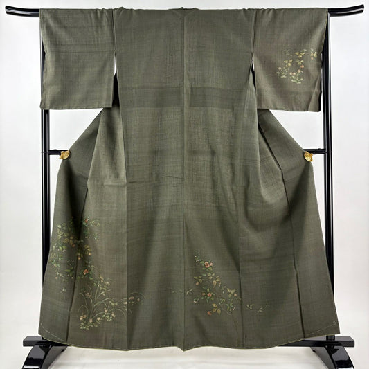 付下 身長160cm 袖長66.5cm M 雙層 紬織織 枝花 草花紋紋 刺繡 茶綠 純蠶絲 秀品級