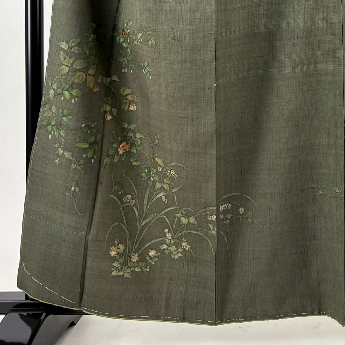 付下 身長160cm 袖長66.5cm M 雙層 紬織織 枝花 草花紋紋 刺繡 茶綠 純蠶絲 秀品級