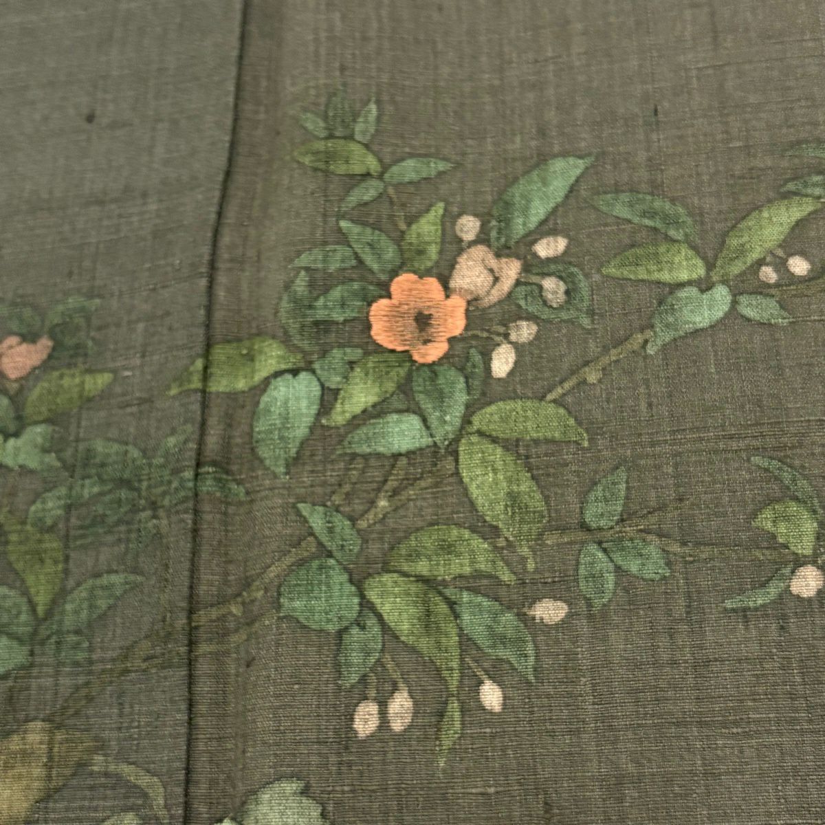 付下 身長160cm 袖長66.5cm M 雙層 紬織織 枝花 草花紋紋 刺繡 茶綠 純蠶絲 秀品級