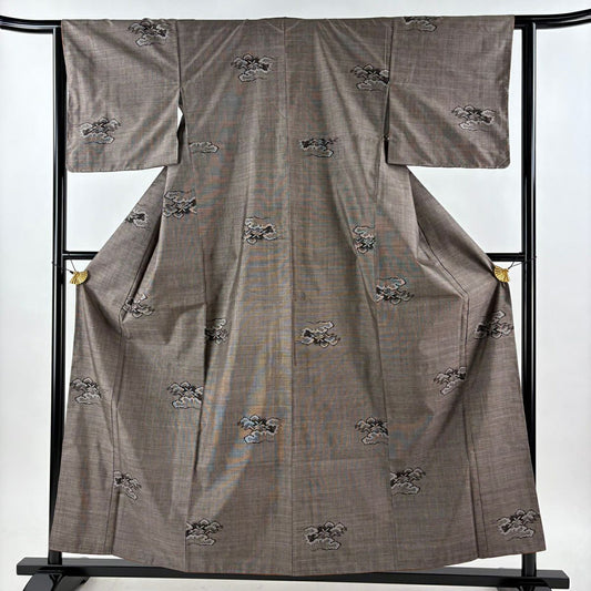 【美品】 紬織織 身長157cm 袖長62.5cm S 雙層 笠松樹 雲文 焦茶 純蠶絲 秀品級