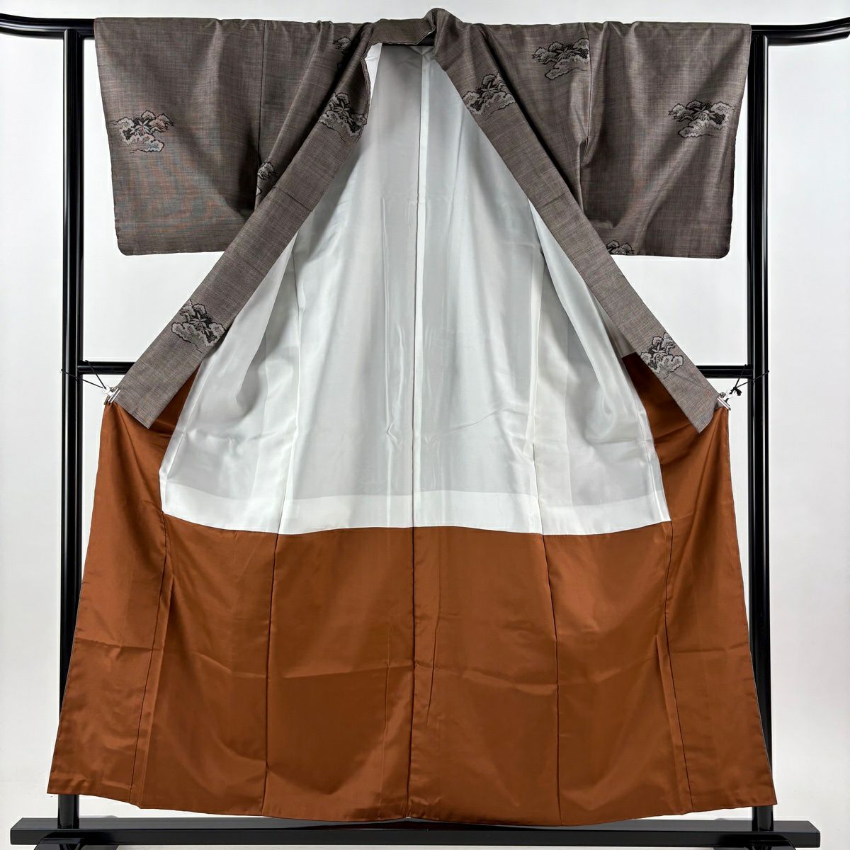【美品】 紬織織 身長157cm 袖長62.5cm S 雙層 笠松樹 雲文 焦茶 純蠶絲 秀品級