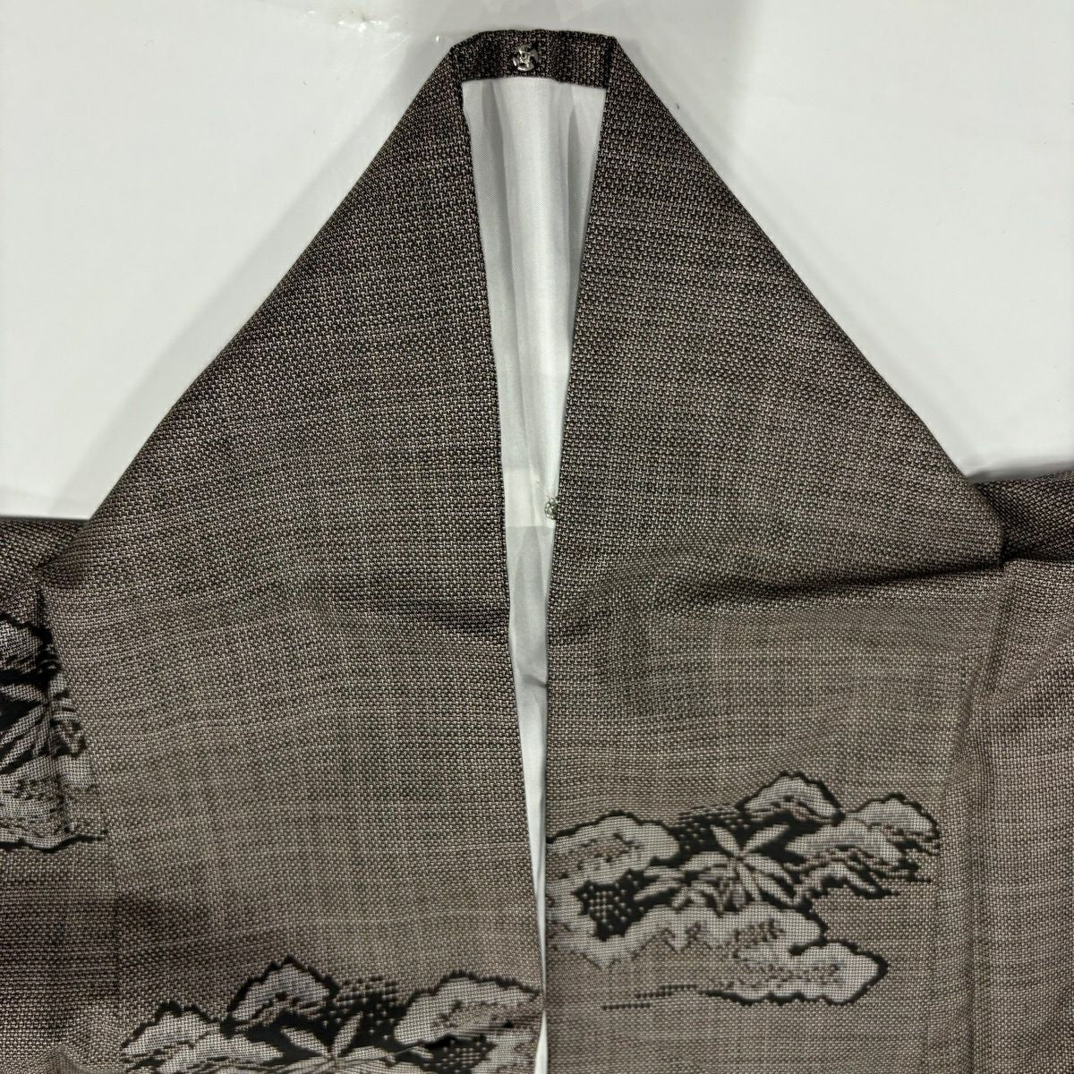 【美品】 紬織織 身長157cm 袖長62.5cm S 雙層 笠松樹 雲文 焦茶 純蠶絲 秀品級