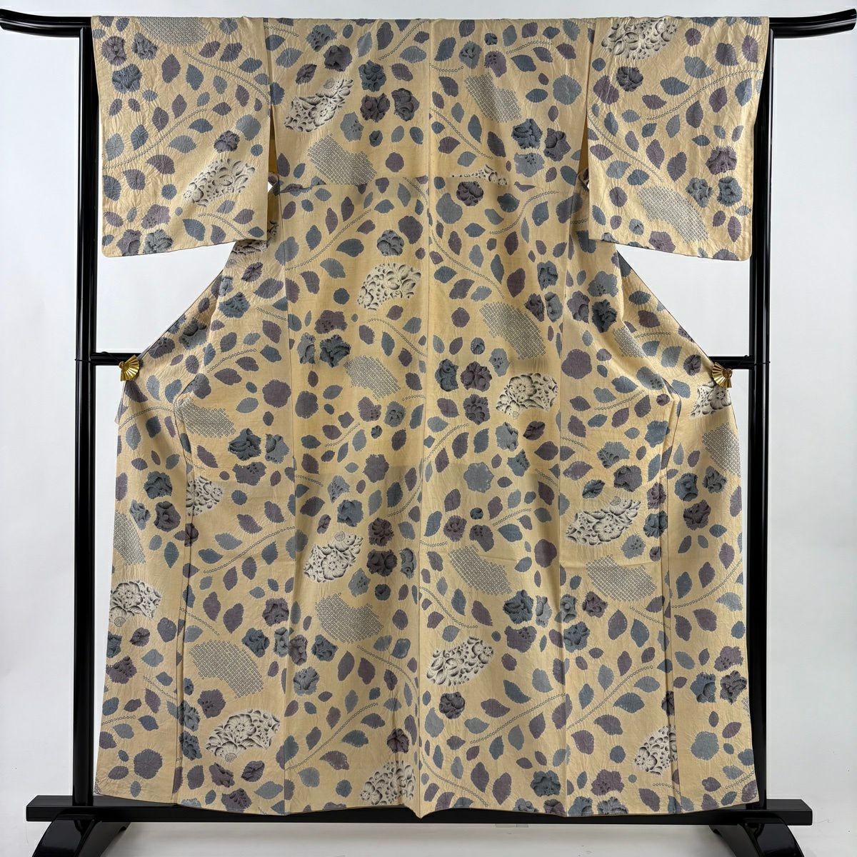 【美品】 小紋 身長159cm 袖長65.5cm M 雙層 紬織織 辻花染 絞染 米色 純蠶絲 優品級