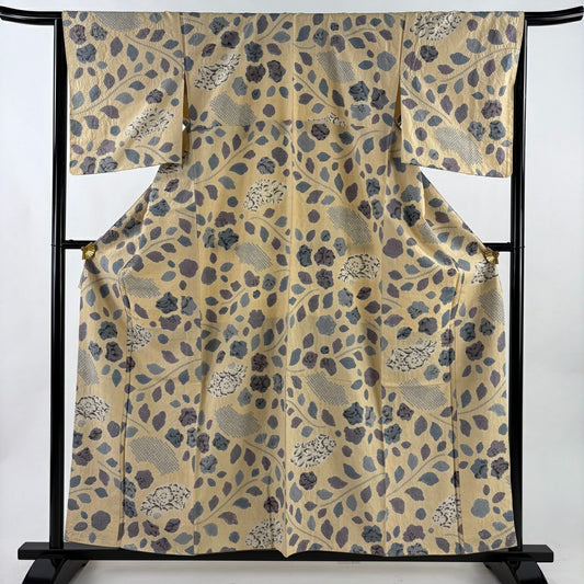 【美品】 小紋 身長159cm 袖長65.5cm M 雙層 紬織織 辻花染 絞染 米色 純蠶絲 優品級