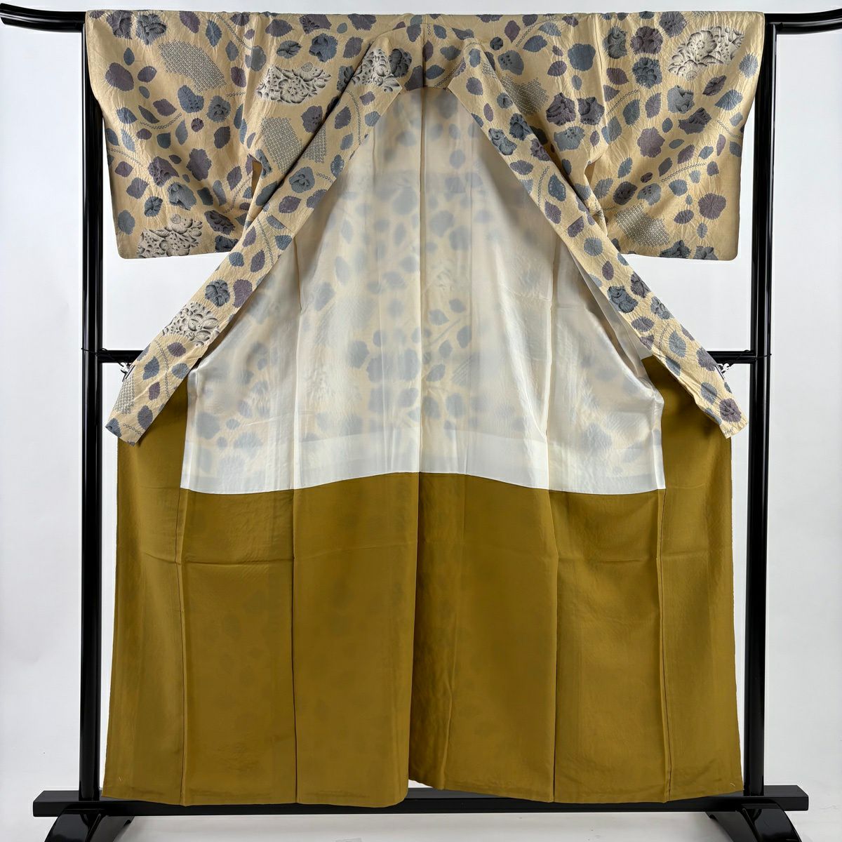 【美品】 小紋 身長159cm 袖長65.5cm M 雙層 紬織織 辻花染 絞染 米色 純蠶絲 優品級