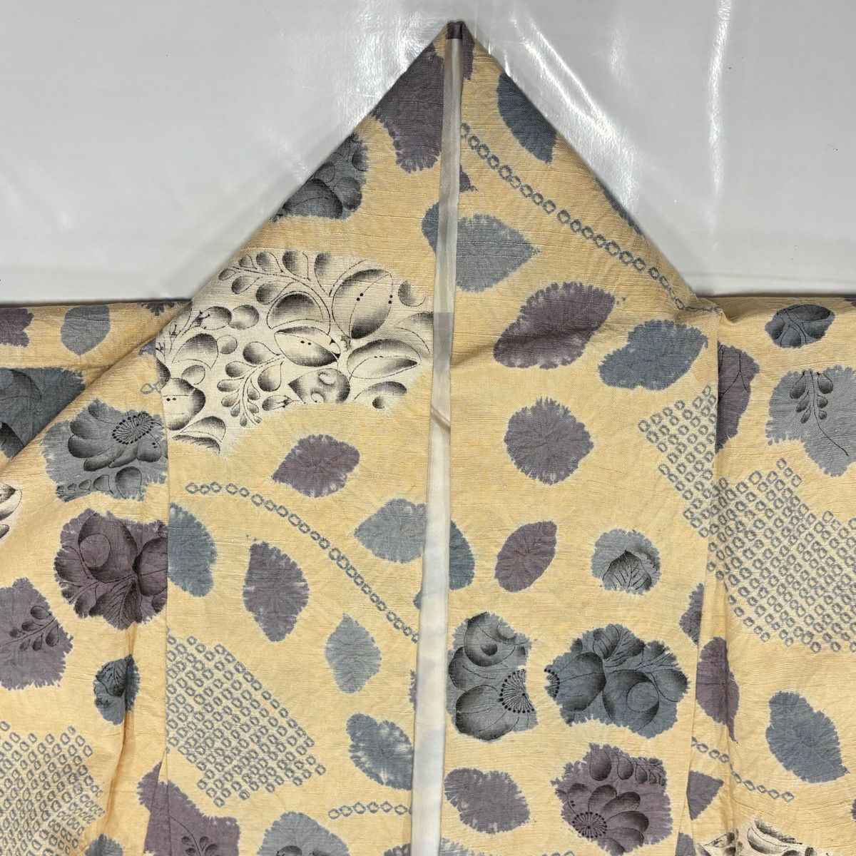 【美品】 小紋 身長159cm 袖長65.5cm M 雙層 紬織織 辻花染 絞染 米色 純蠶絲 優品級