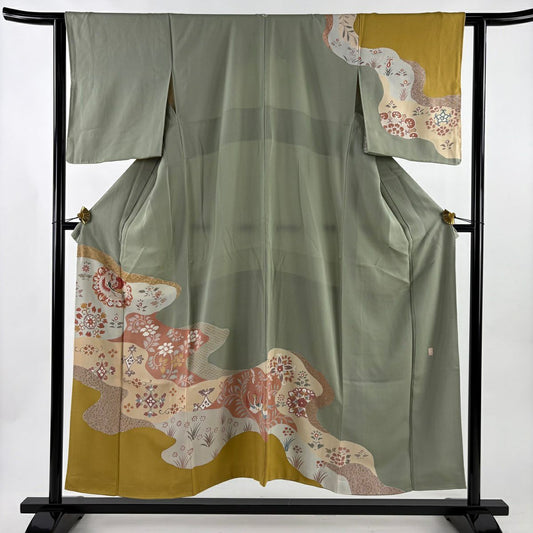 訪問服 身長152.5cm 袖長62.5cm S 雙層 落款 鳳凰 草花紋 金彩裝飾 染分 灰綠 純蠶絲 秀品級