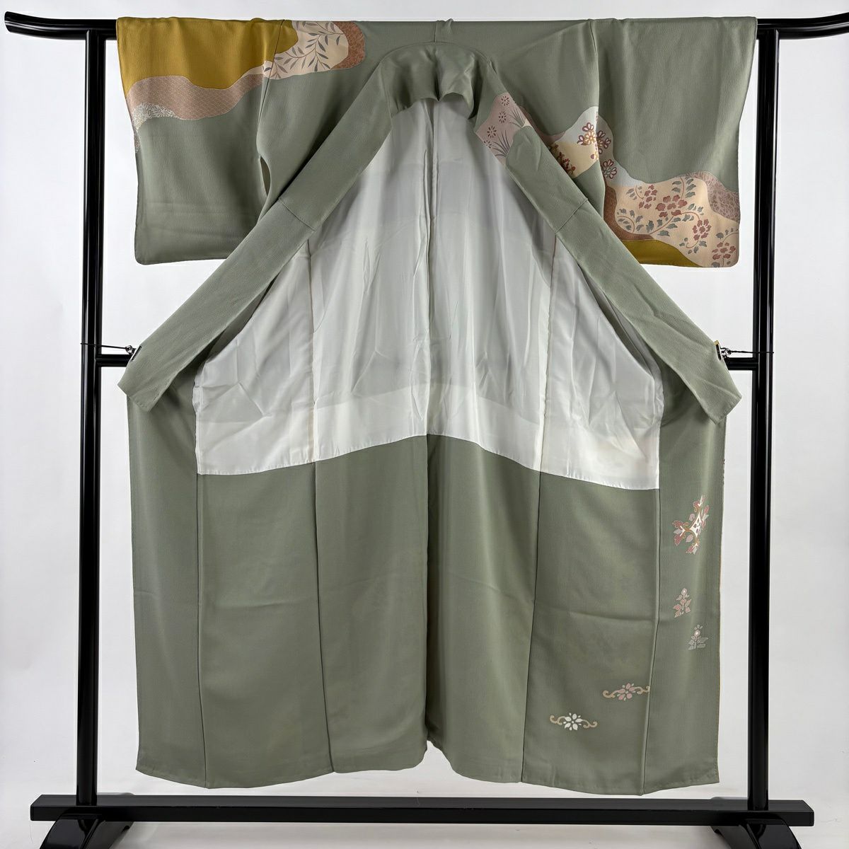 訪問服 身長152.5cm 袖長62.5cm S 雙層 落款 鳳凰 草花紋 金彩裝飾 染分 灰綠 純蠶絲 秀品級