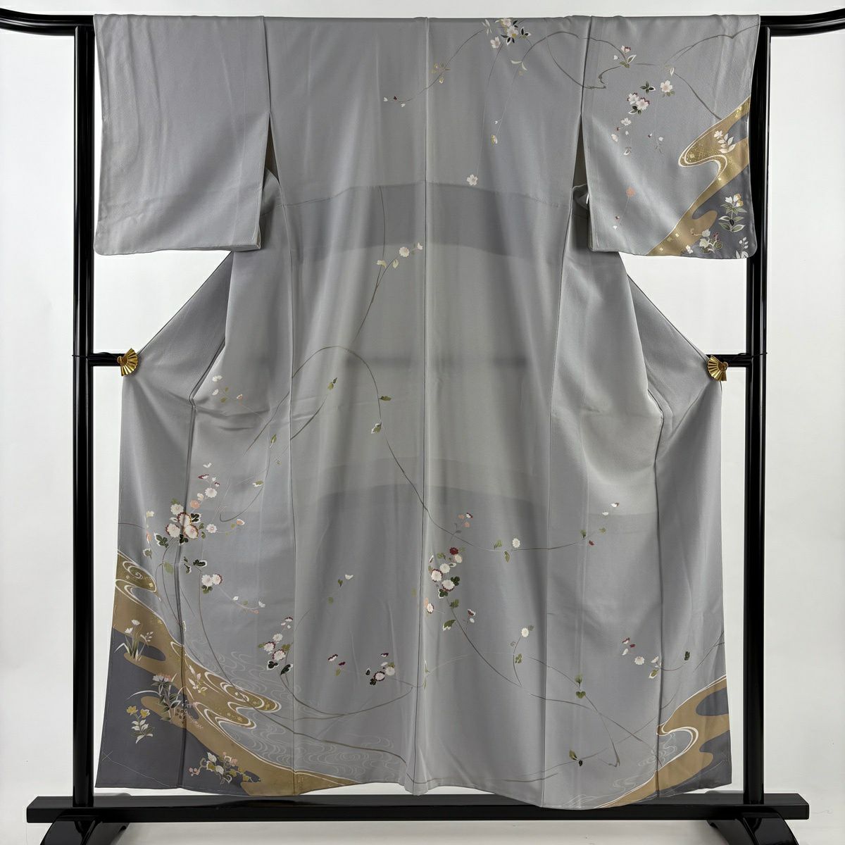 訪問服 身長156cm 袖長63.5cm S 雙層 菊花 流水 金銀彩 金絲 灰色 純蠶絲 秀品級