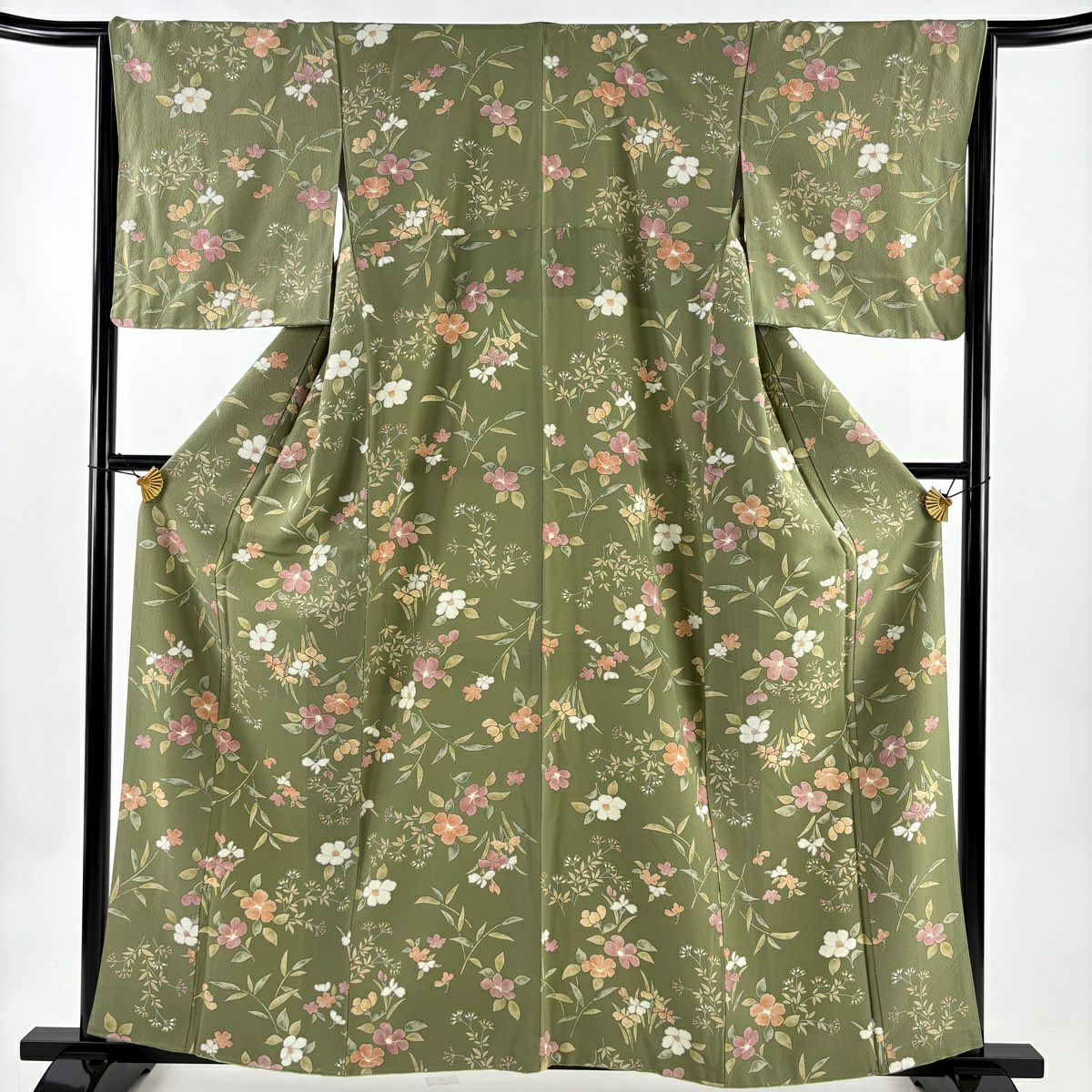【美品】 小紋 身長160cm 袖長64.5cm M 雙層 椿 草花紋紋 絞染 艾草色 純蠶絲 秀品級
