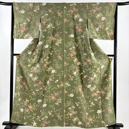 【美品】 小紋 身長160cm 袖長64.5cm M 雙層 椿 草花紋紋 絞染 艾草色 純蠶絲 秀品級