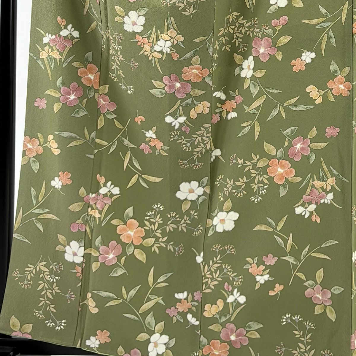 【美品】 小紋 身長160cm 袖長64.5cm M 雙層 椿 草花紋紋 絞染 艾草色 純蠶絲 秀品級