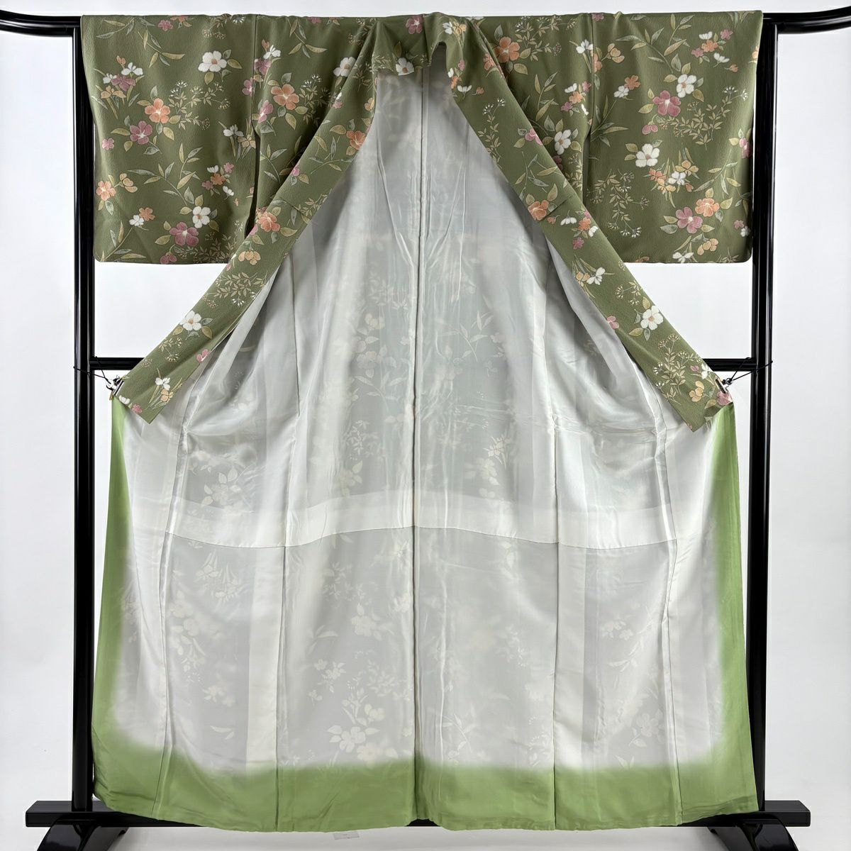 【美品】 小紋 身長160cm 袖長64.5cm M 雙層 椿 草花紋紋 絞染 艾草色 純蠶絲 秀品級