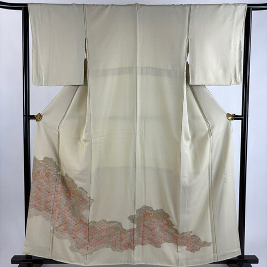 色留袖禮服 身長159cm 袖長64.5cm M 雙層 落款あり 華紋 青海波 蘇州刺繡 米色 純蠶絲 秀品級