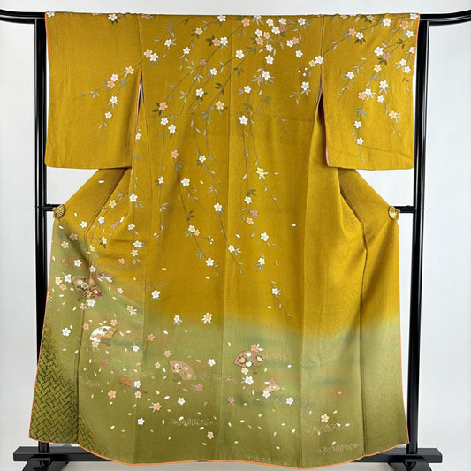 訪問服 身長159.5cm 袖長63.5cm S 雙層 大和 扇子子 櫻花 金銀彩 漸層 山吹茶 純蠶絲 優品級
