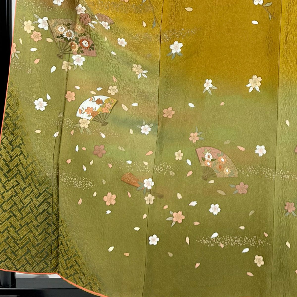 訪問服 身長159.5cm 袖長63.5cm S 雙層 大和 扇子子 櫻花 金銀彩 漸層 山吹茶 純蠶絲 優品級