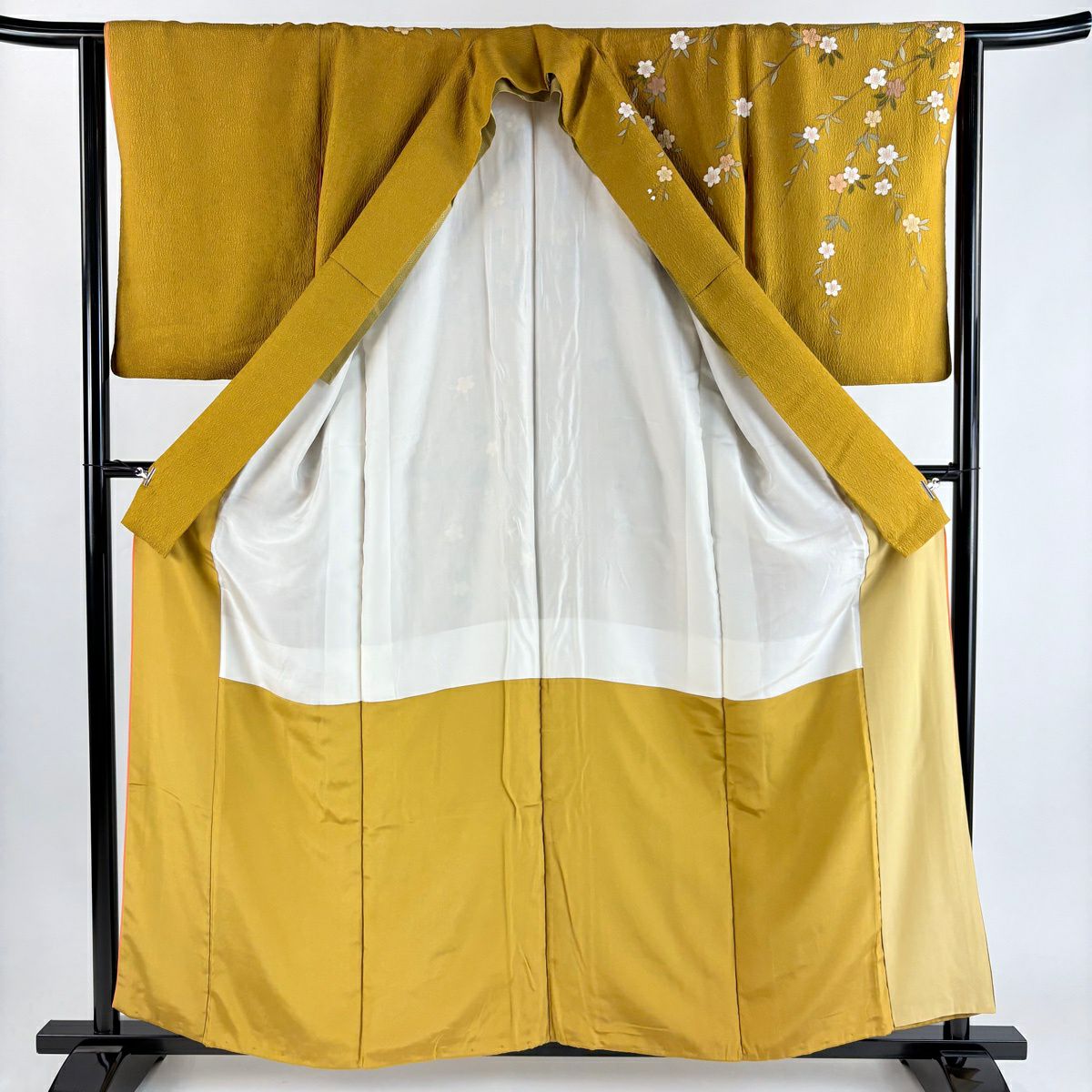 訪問服 身長159.5cm 袖長63.5cm S 雙層 大和 扇子子 櫻花 金銀彩 漸層 山吹茶 純蠶絲 優品級