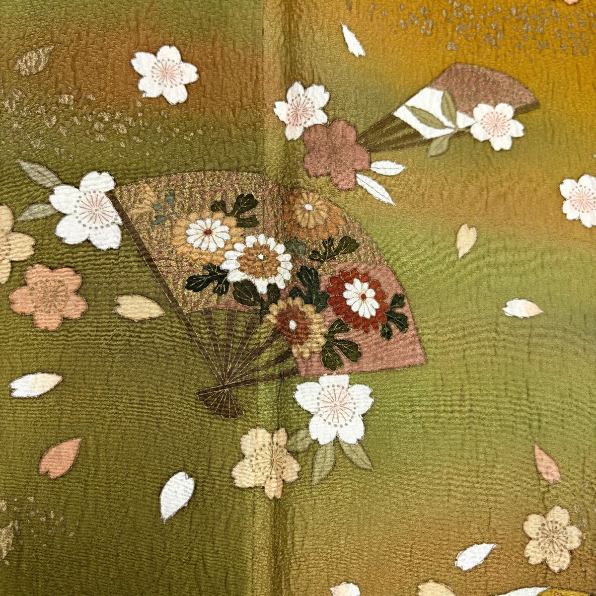 訪問服 身長159.5cm 袖長63.5cm S 雙層 大和 扇子子 櫻花 金銀彩 漸層 山吹茶 純蠶絲 優品級