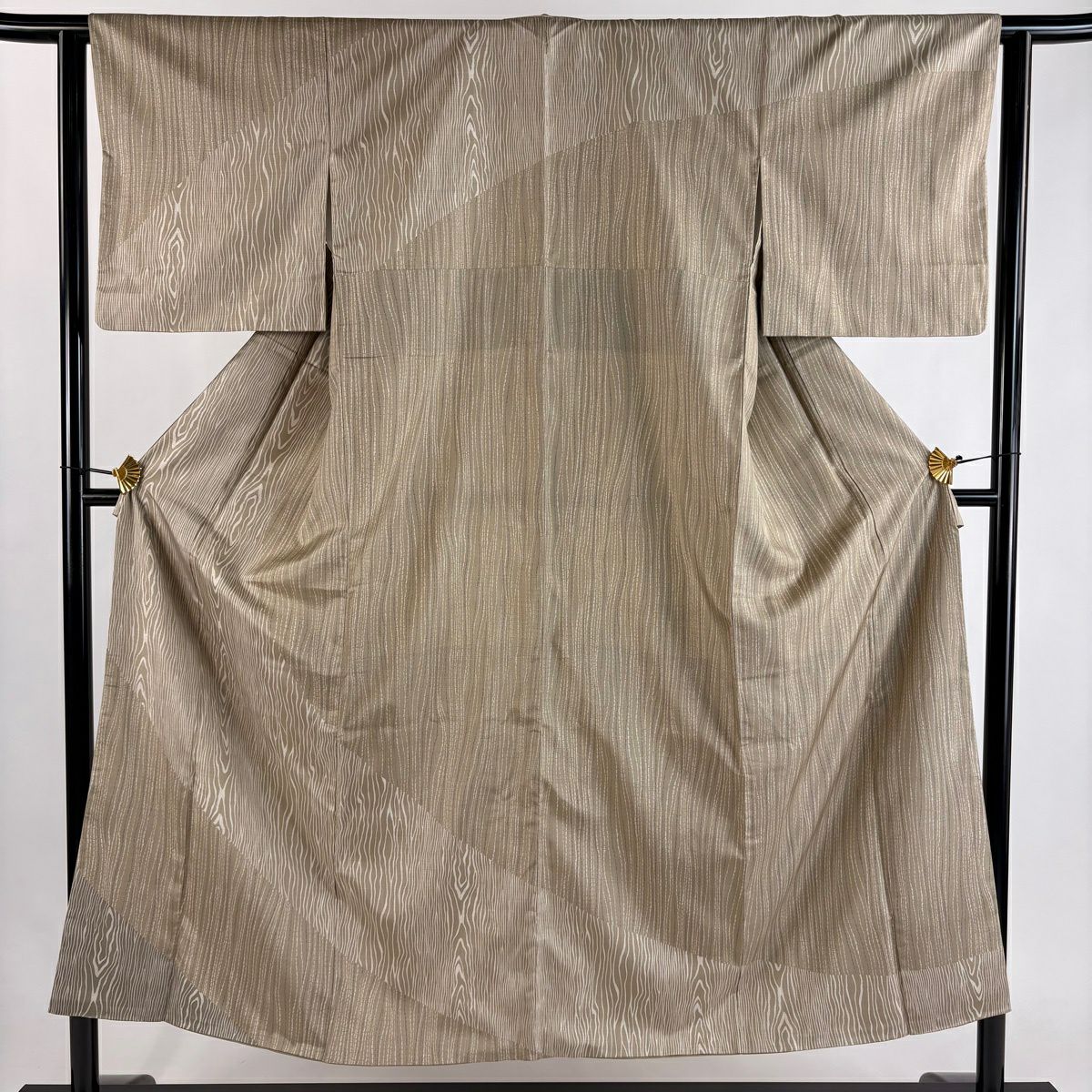 【美品】訪問服 身長151.5cm 袖長63cm S 雙層 紬織織 木目紋 よろけ縞 薄茶 純蠶絲 秀品級