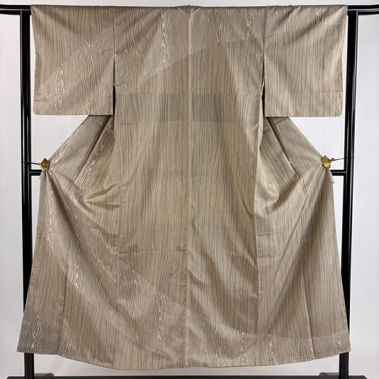 【美品】訪問服 身長151.5cm 袖長63cm S 雙層 紬織織 木目紋 よろけ縞 薄茶 純蠶絲 秀品級