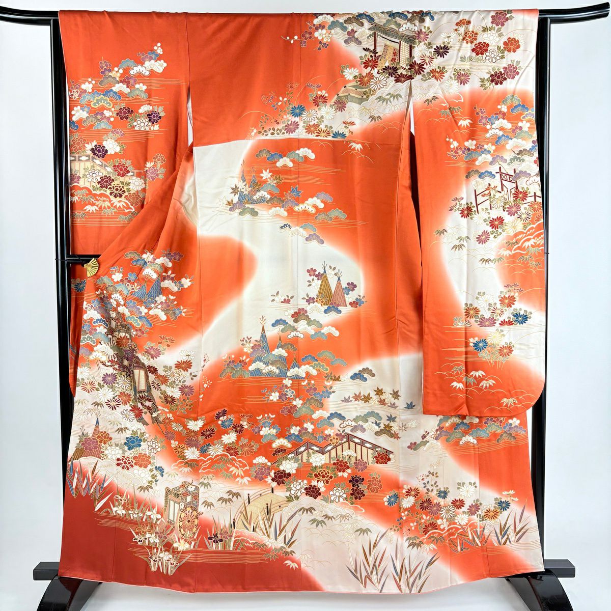 振袖禮服 身長162.5cm 袖長66cm M 雙層 御所車 草花紋紋 金銀彩 漸層 紅 純蠶絲 優品級