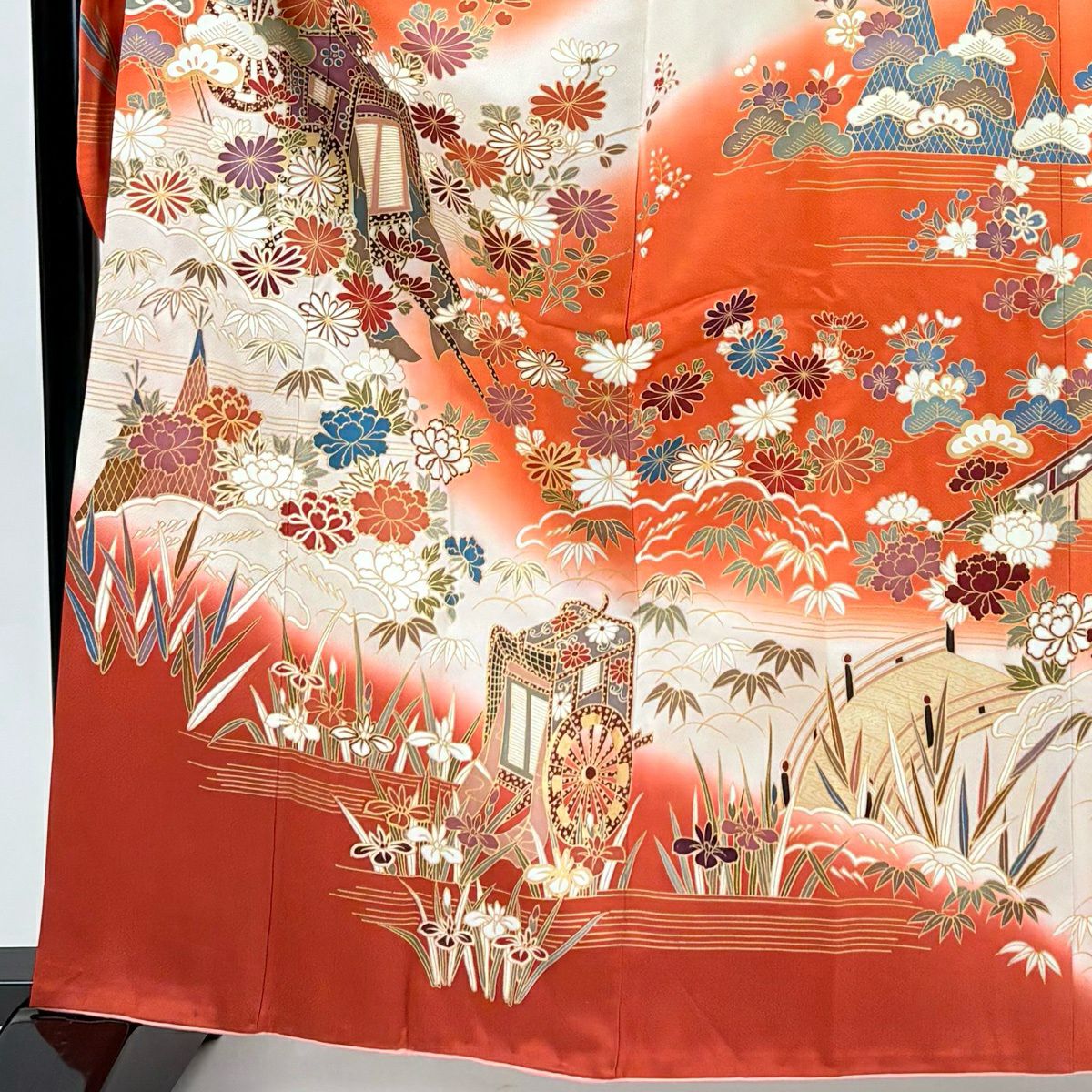 振袖禮服 身長162.5cm 袖長66cm M 雙層 御所車 草花紋紋 金銀彩 漸層 紅 純蠶絲 優品級