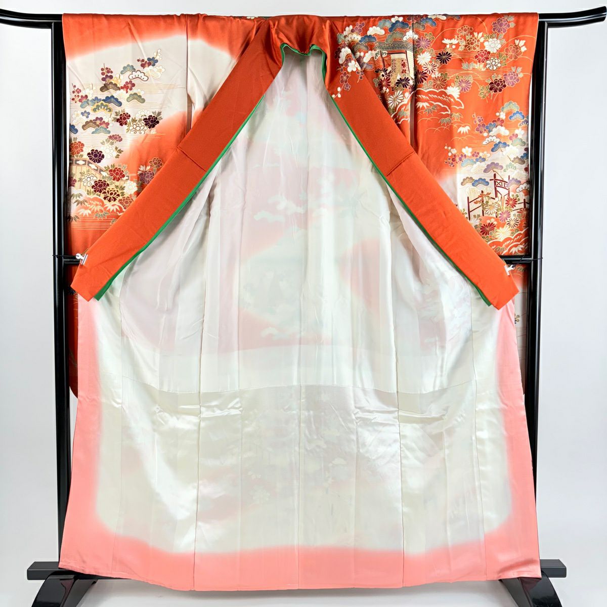 振袖禮服 身長162.5cm 袖長66cm M 雙層 御所車 草花紋紋 金銀彩 漸層 紅 純蠶絲 優品級