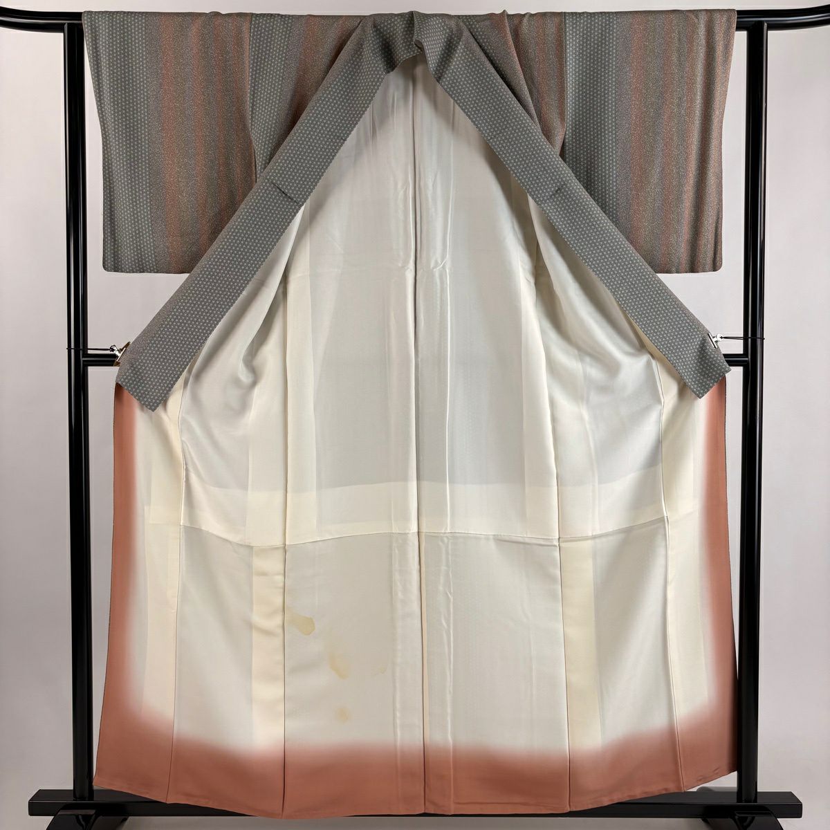 小紋 身長158cm 袖長63cm S 雙層 縱條 麻葉 灰綠 純蠶絲 秀品級