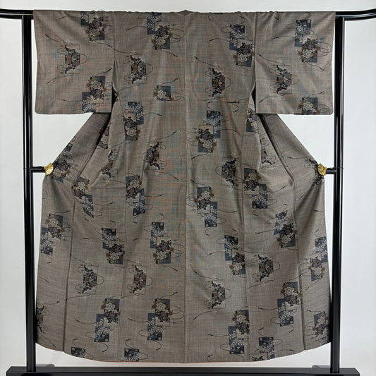 紬織 身長151.5cm 袖長62.5cm S 雙層 短冊 菊花 焦茶 純蠶絲 秀品級