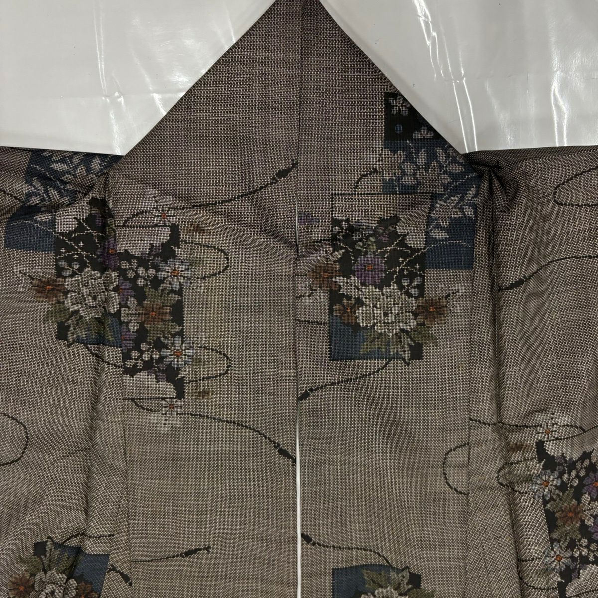 紬織 身長151.5cm 袖長62.5cm S 雙層 短冊 菊花 焦茶 純蠶絲 秀品級