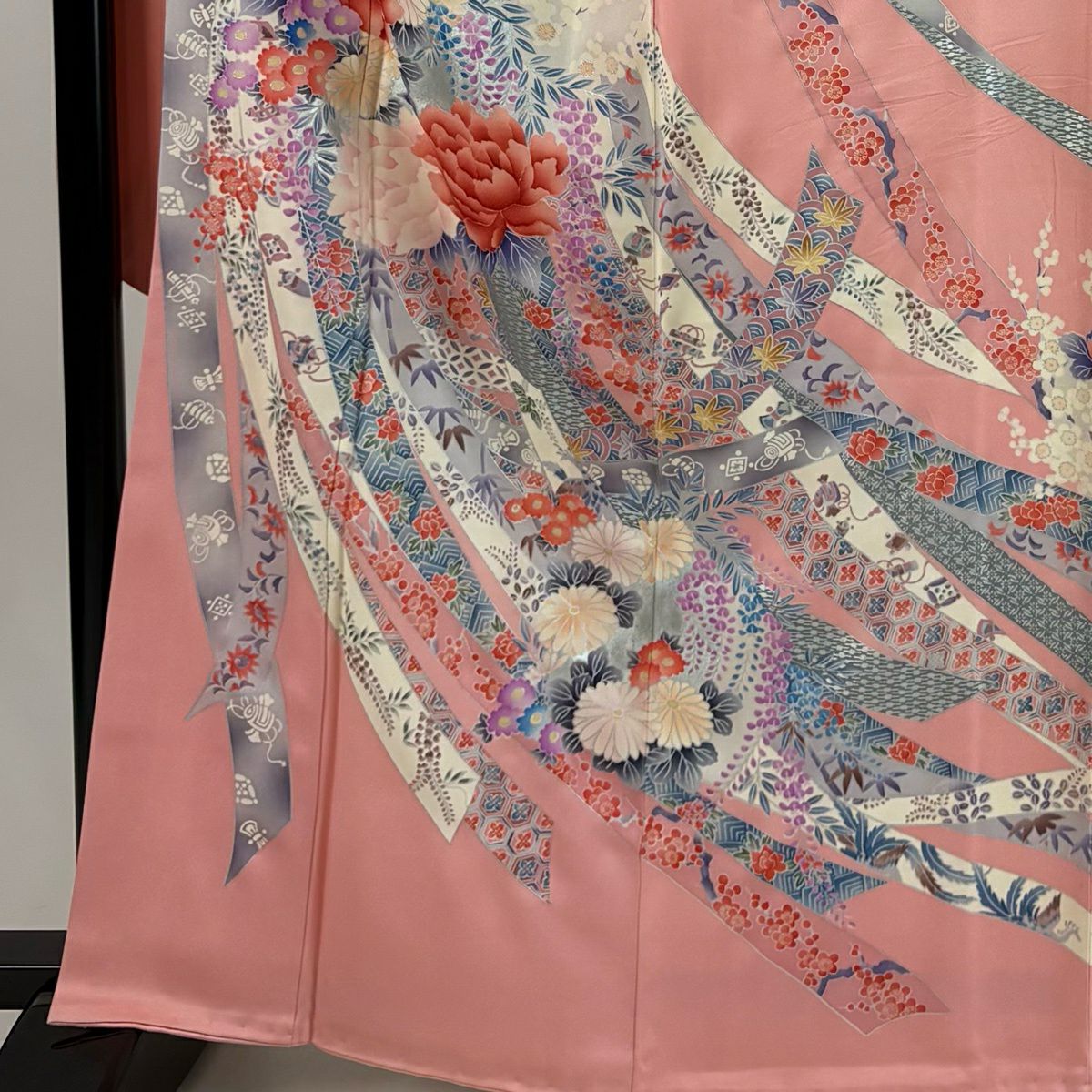 振袖禮服 身長163.5cm 袖長66cm M 雙層 束ね熨斗紋 牡丹 金銀彩 漸層 粉色 純蠶絲 優品級