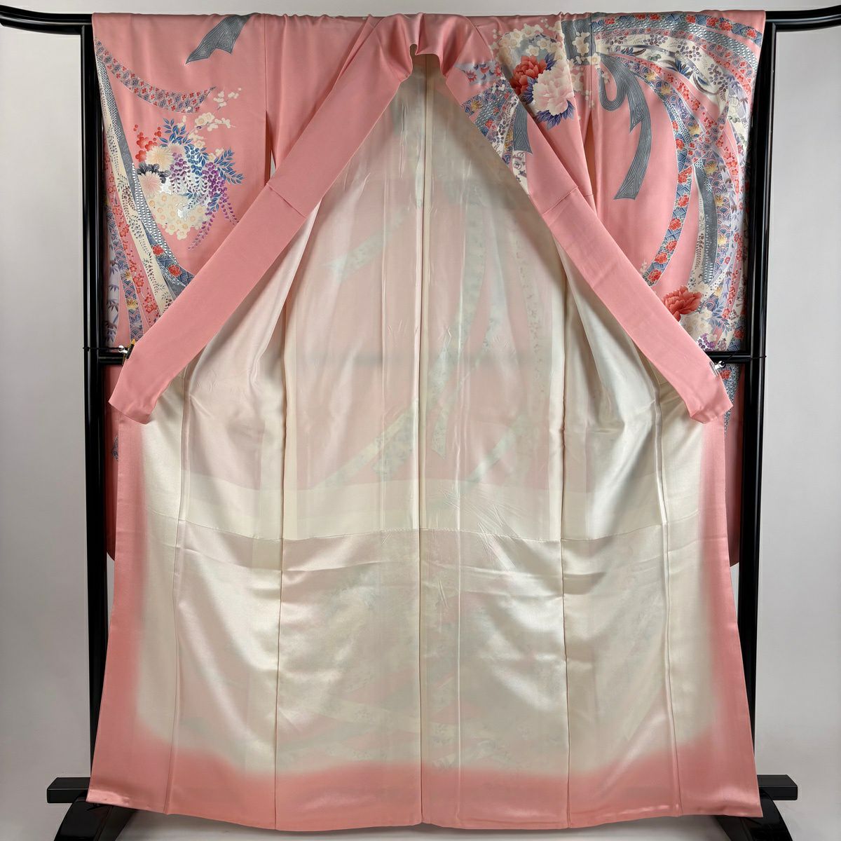 振袖禮服 身長163.5cm 袖長66cm M 雙層 束ね熨斗紋 牡丹 金銀彩 漸層 粉色 純蠶絲 優品級