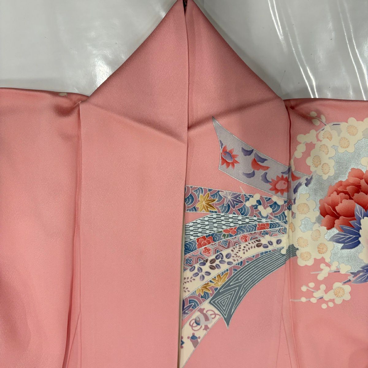 振袖禮服 身長163.5cm 袖長66cm M 雙層 束ね熨斗紋 牡丹 金銀彩 漸層 粉色 純蠶絲 優品級