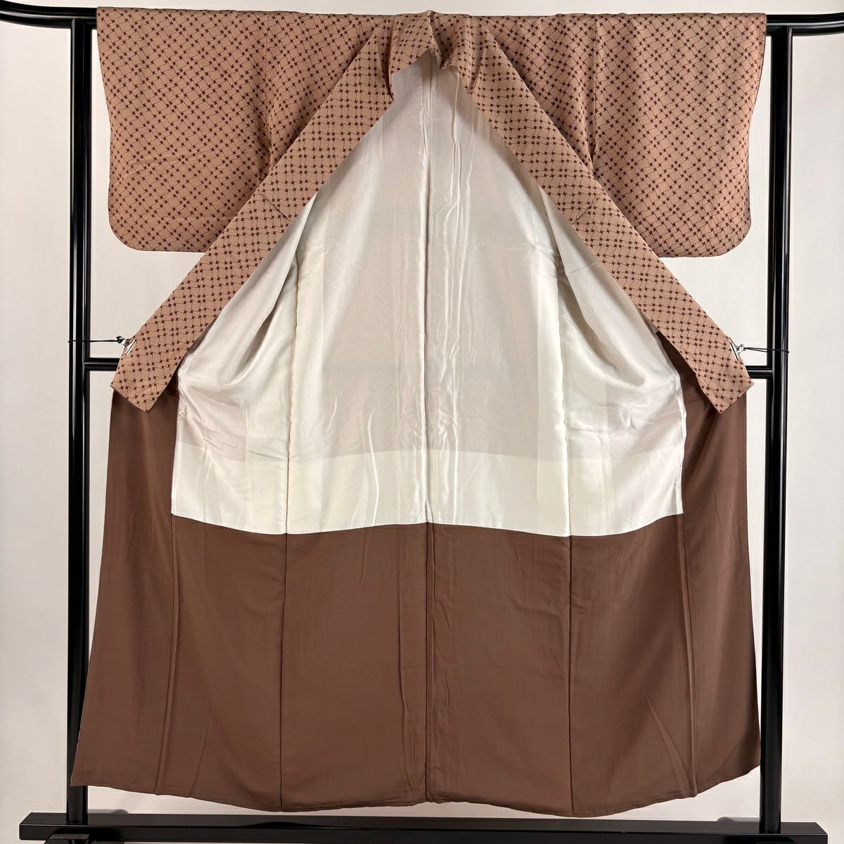 小紋 身長153.5cm 袖長62.5cm S 雙層 幾何學圖案 淺茶 純蠶絲 優品級