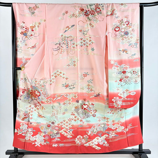 振袖禮服 身長157cm 袖長66.5cm M 雙層 扇子 仙鶴 金糸 金銀彩 粉紅 純蠶絲 秀品級