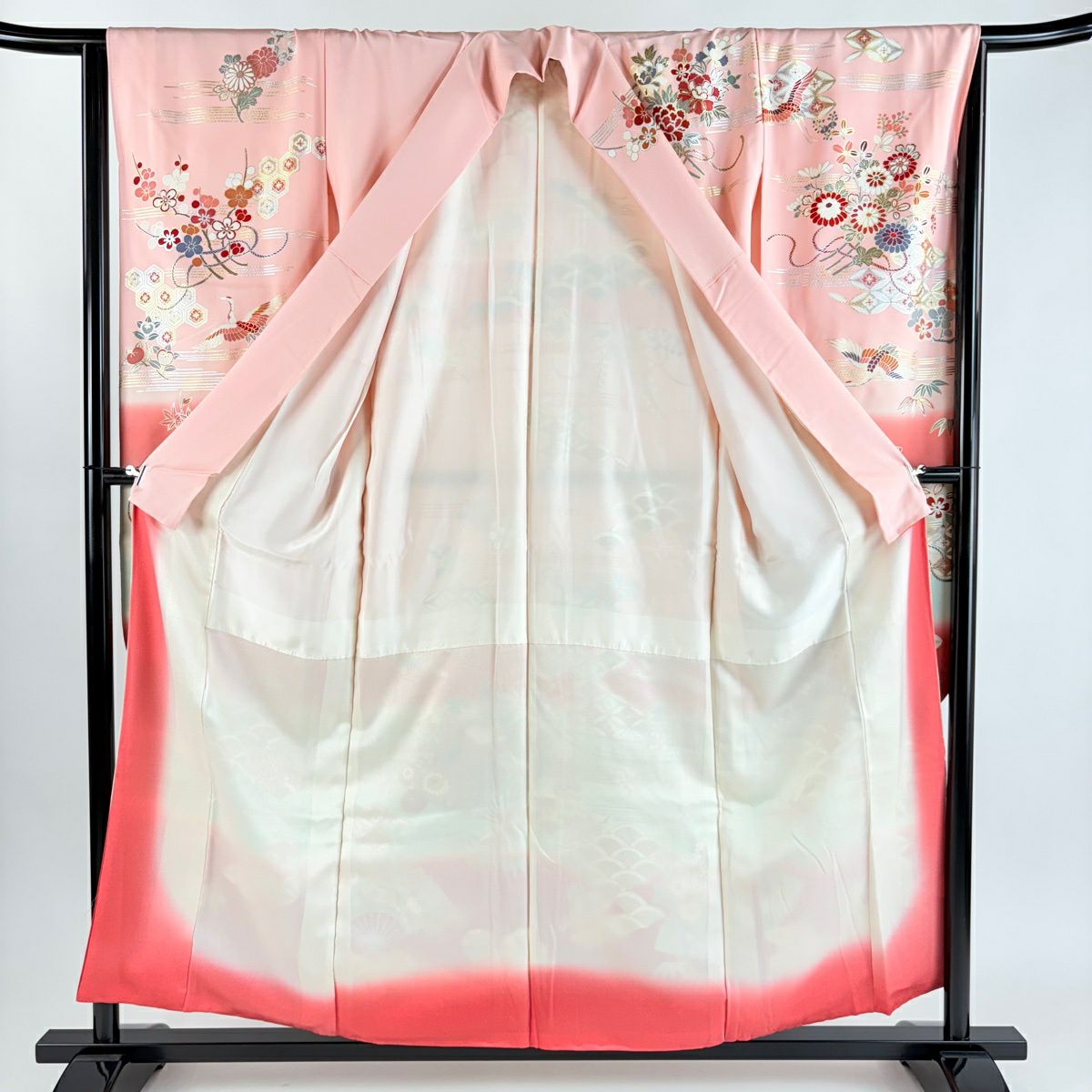振袖禮服 身長157cm 袖長66.5cm M 雙層 扇子 仙鶴 金糸 金銀彩 粉紅 純蠶絲 秀品級