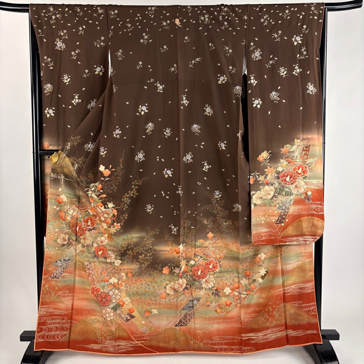 振袖禮服 身長163.5cm 袖長66cm M 雙層 落款あり 短冊 くす玉 拉麵 金銀彩 焦茶 純蠶絲 秀品級 一つ紋
