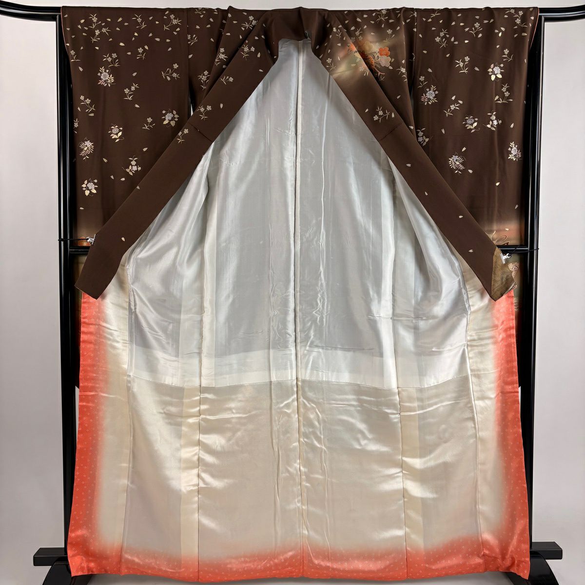 振袖禮服 身長163.5cm 袖長66cm M 雙層 落款あり 短冊 くす玉 拉麵 金銀彩 焦茶 純蠶絲 秀品級 一つ紋