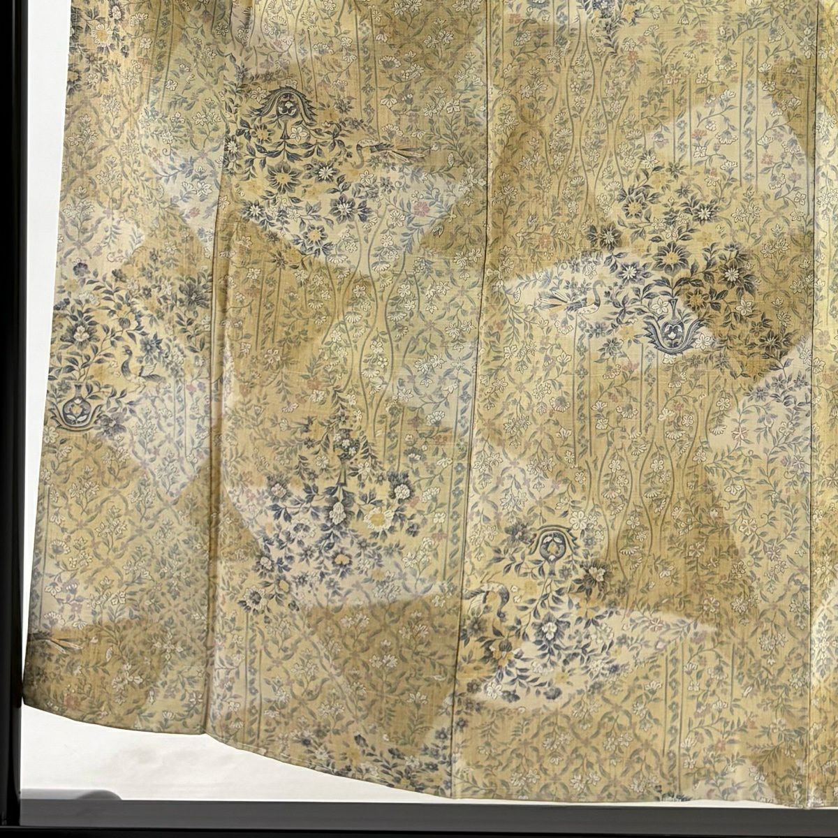 小紋 身長155cm 袖長62cm S 雙層 紬織織 草花紋紋 鳥 漸層 米色 純蠶絲 優品級