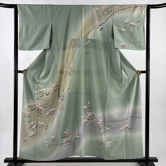 訪問服 身長155.5cm 袖長63.5cm S 雙層 落款有 枝花 漸層 薄綠 純蠶絲 優品級