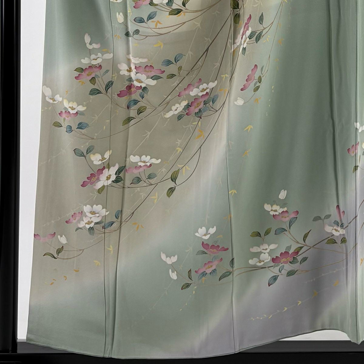 訪問服 身長155.5cm 袖長63.5cm S 雙層 落款有 枝花 漸層 薄綠 純蠶絲 優品級