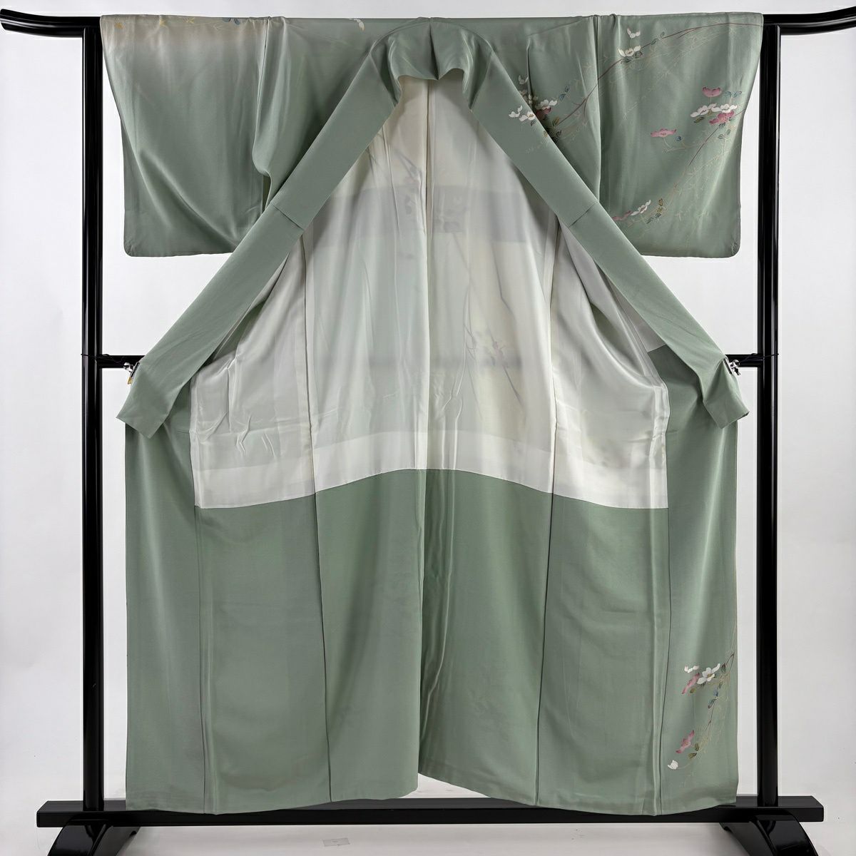 訪問服 身長155.5cm 袖長63.5cm S 雙層 落款有 枝花 漸層 薄綠 純蠶絲 優品級