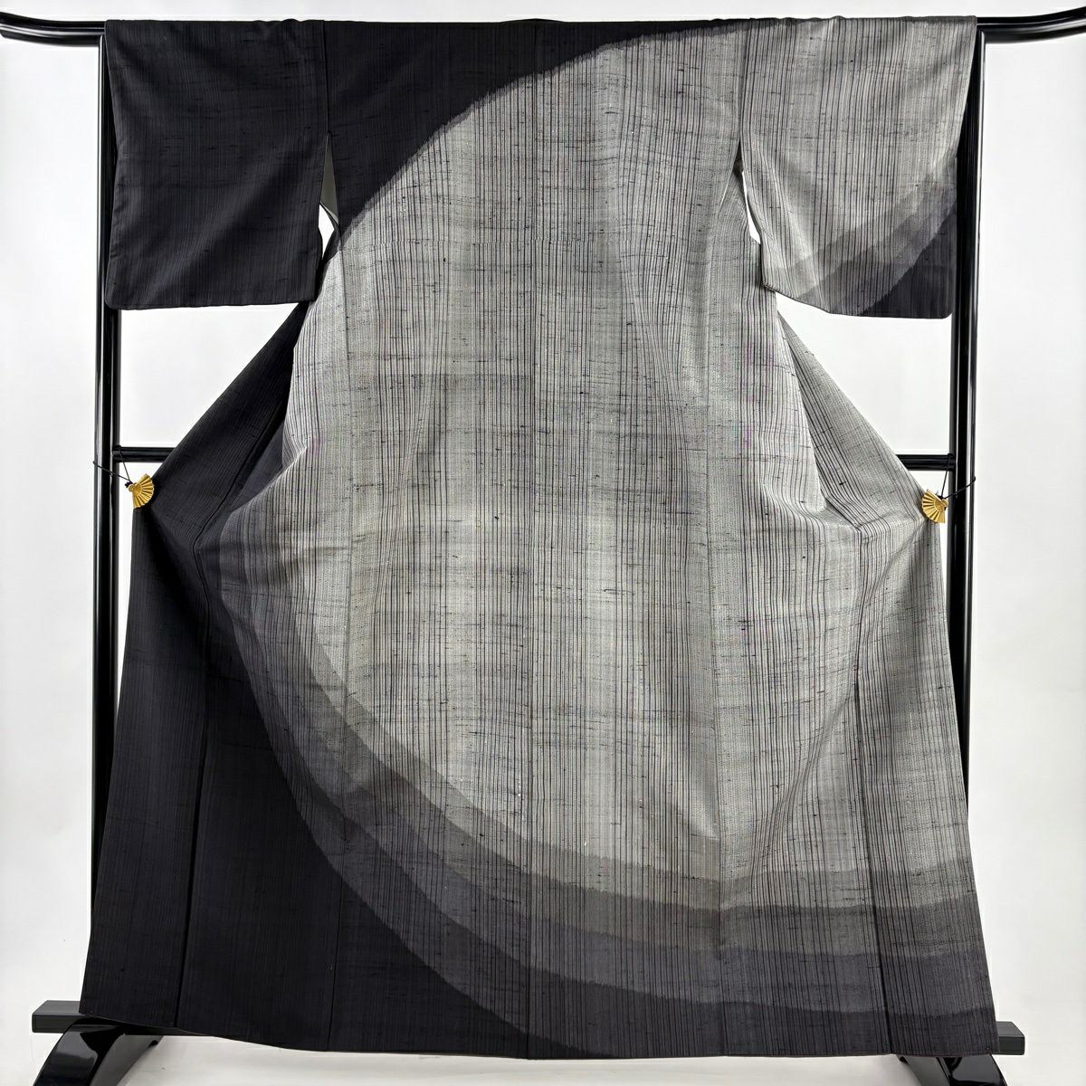 【美品】訪問服 身長162cm 袖長65cm M 雙層 紬織織 縞 幾何學圖案 灰紫 純蠶絲 秀品級