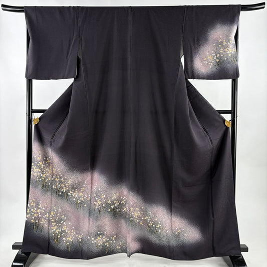 【美品】 付下 身長163cm 袖長67.5cm L 雙層 樹木 霞 金銀彩 漸層 深紫 純蠶絲 優品級