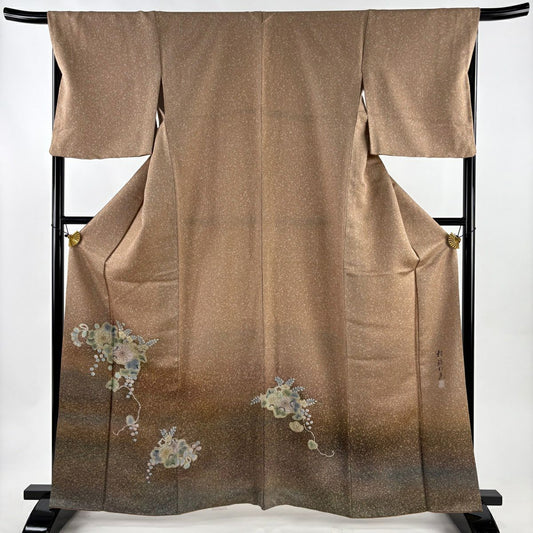 【美品】 付下 身長161cm 袖長68cm L 雙層 落款あり 辻花染 金銀彩 漸層 薄茶 純蠶絲 秀品級