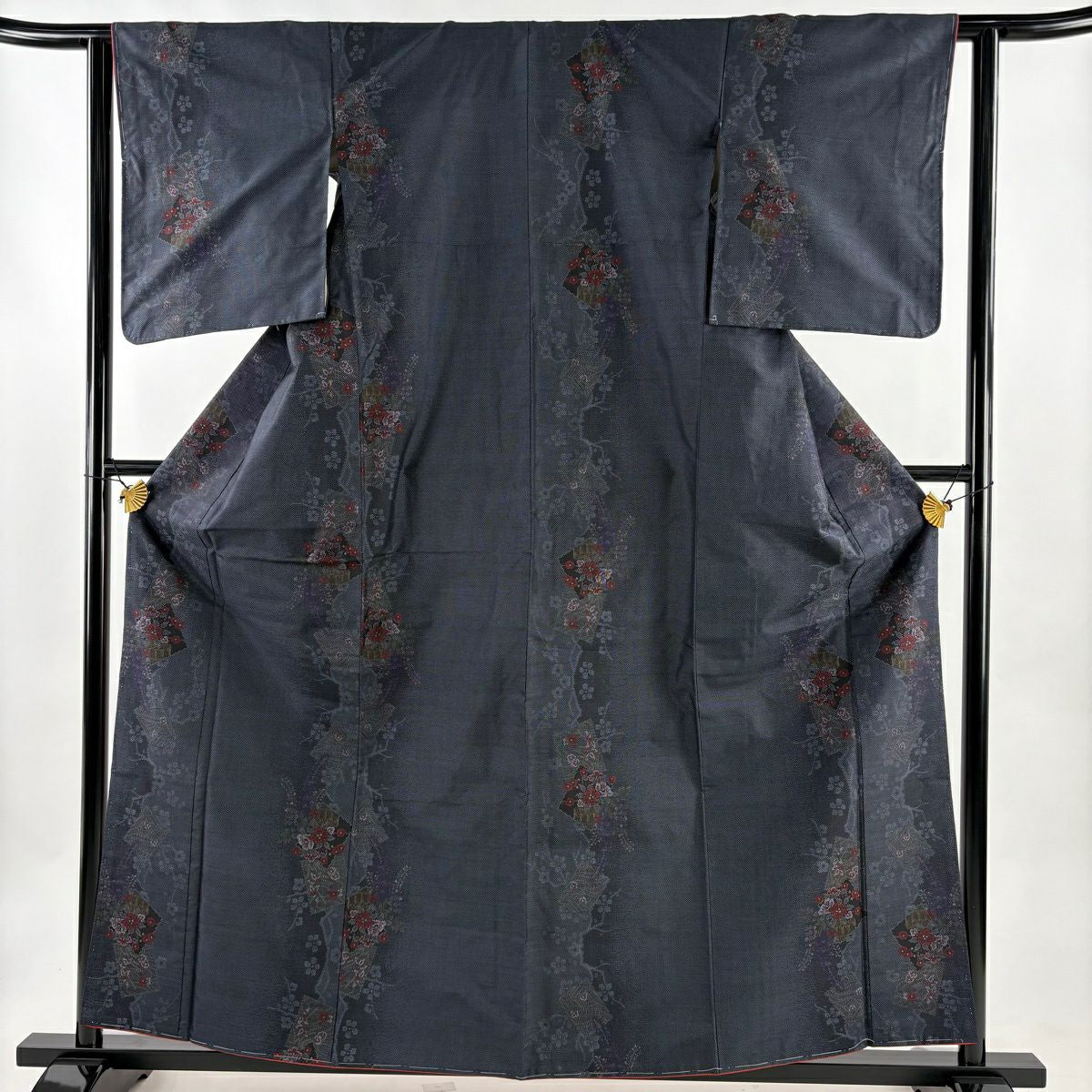 【美品】 大島紬織 身長159.5cm 袖長61.5cm S 雙層 證書齊全 色紙 草花紋紋 深藍 純蠶絲 秀品級