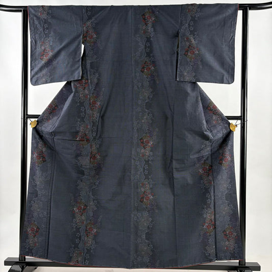 【美品】 大島紬織 身長159.5cm 袖長61.5cm S 雙層 證書齊全 色紙 草花紋紋 深藍 純蠶絲 秀品級