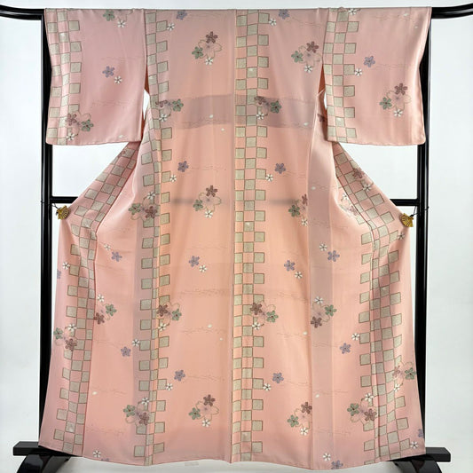 小紋 身長160cm 袖長66.5cm M 雙層 樱花 市松樹紋 金銀彩 粉紅 純蠶絲 優品級
